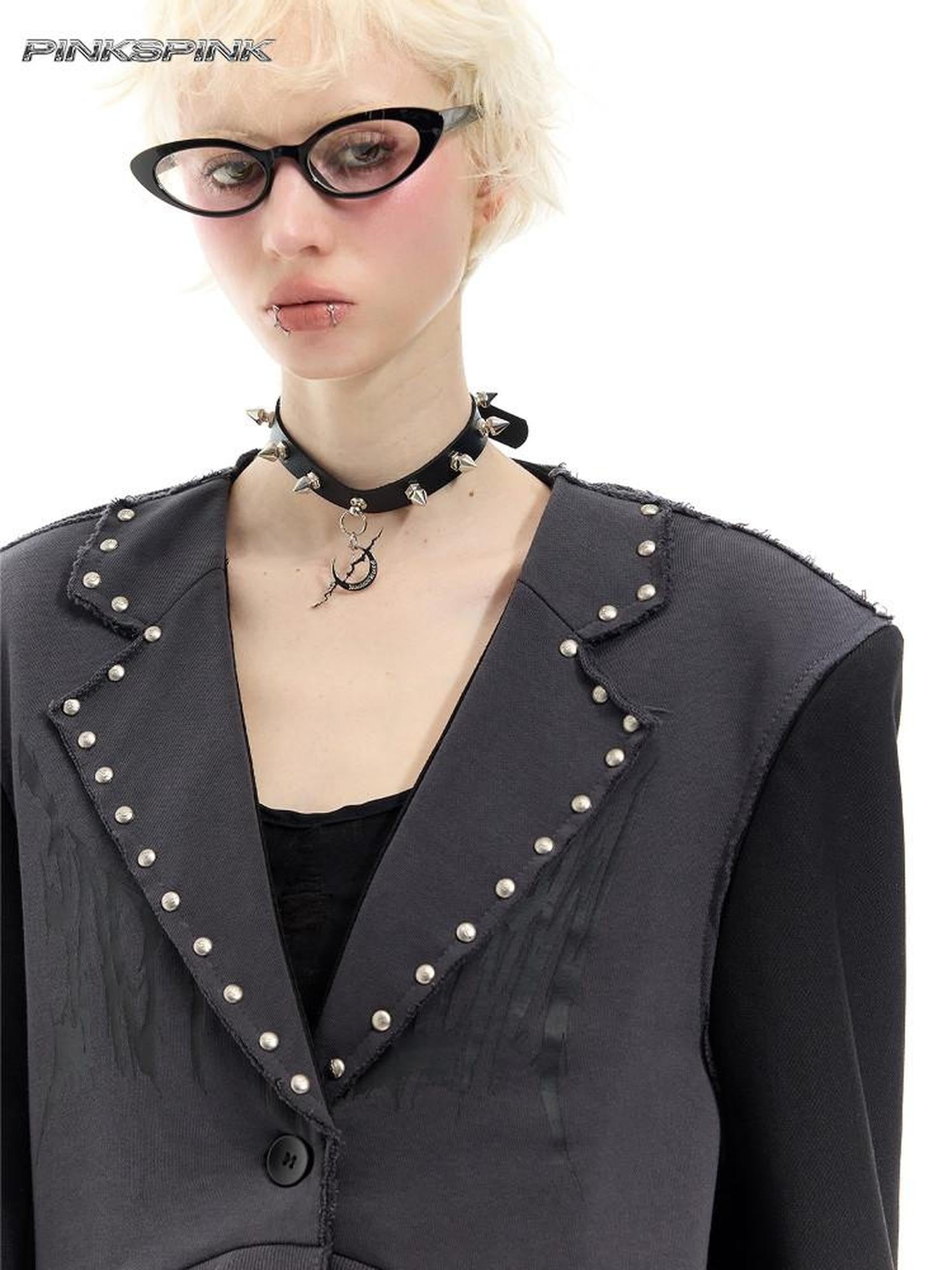 PINKSPINK Black Rivet Studded Distressed Remake Oversized Rock Women's Blazers