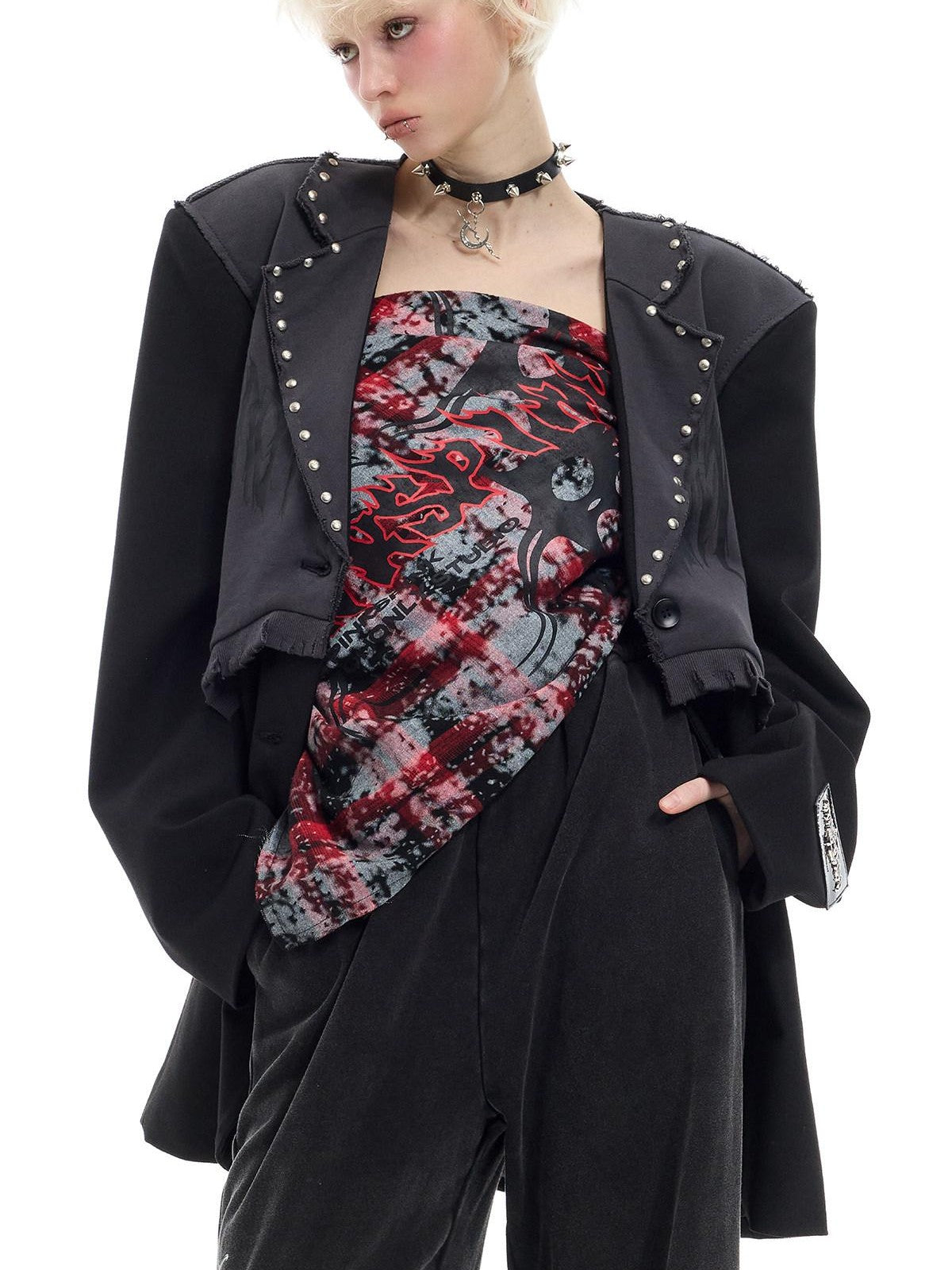 PINKSPINK Black Rivet Studded Distressed Remake Oversized Rock Women's Blazers