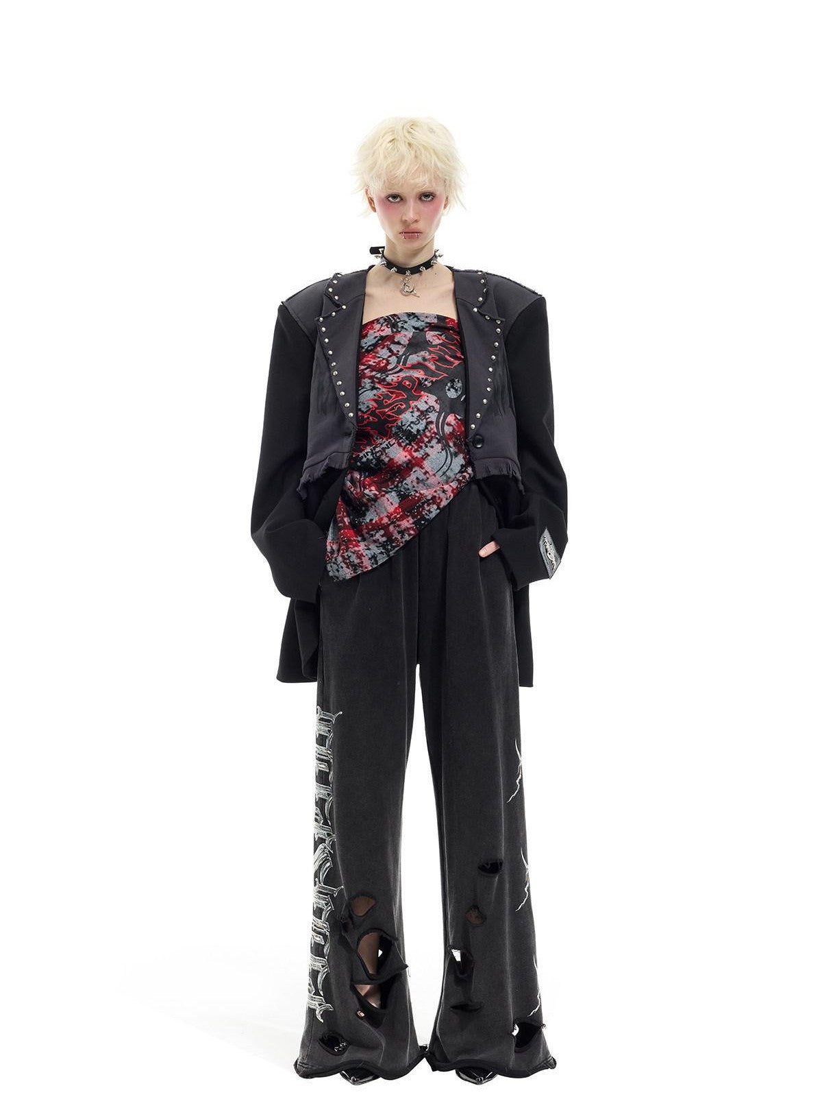 PINKSPINK Black Rivet Studded Distressed Remake Oversized Rock Women's Blazers