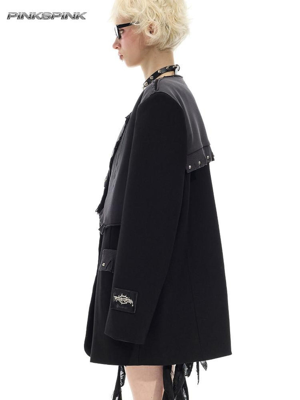 PINKSPINK Black Rivet Studded Distressed Remake Oversized Rock Women's Blazers