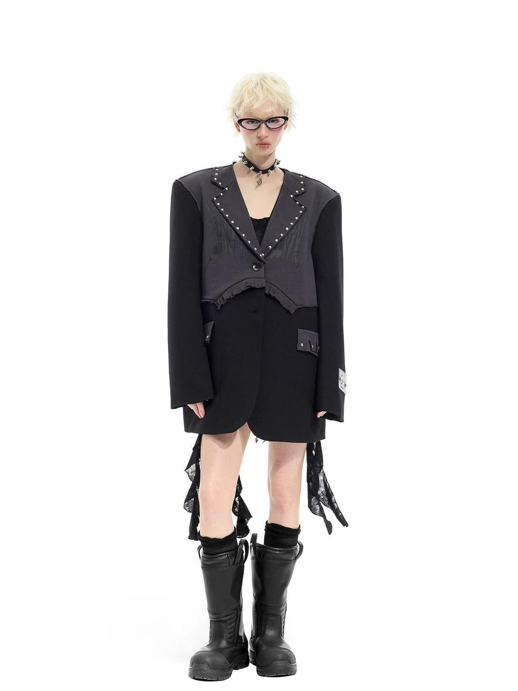 PINKSPINK Black Rivet Studded Distressed Remake Oversized Rock Women's Blazers