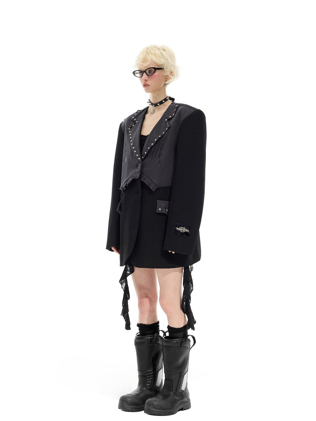 PINKSPINK Black Rivet Studded Distressed Remake Oversized Rock Women's Blazers