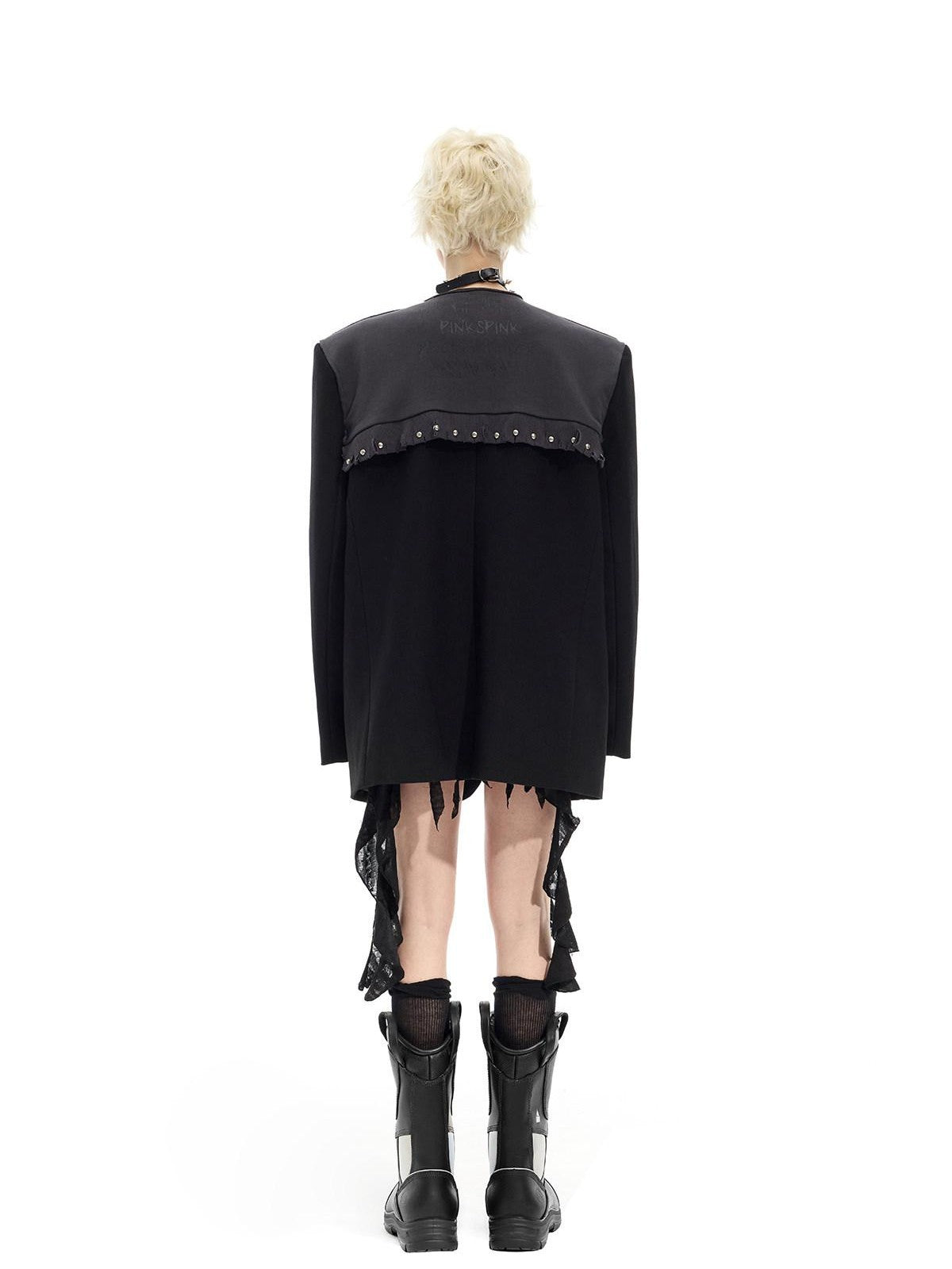 PINKSPINK Black Rivet Studded Distressed Remake Oversized Rock Women's Blazers
