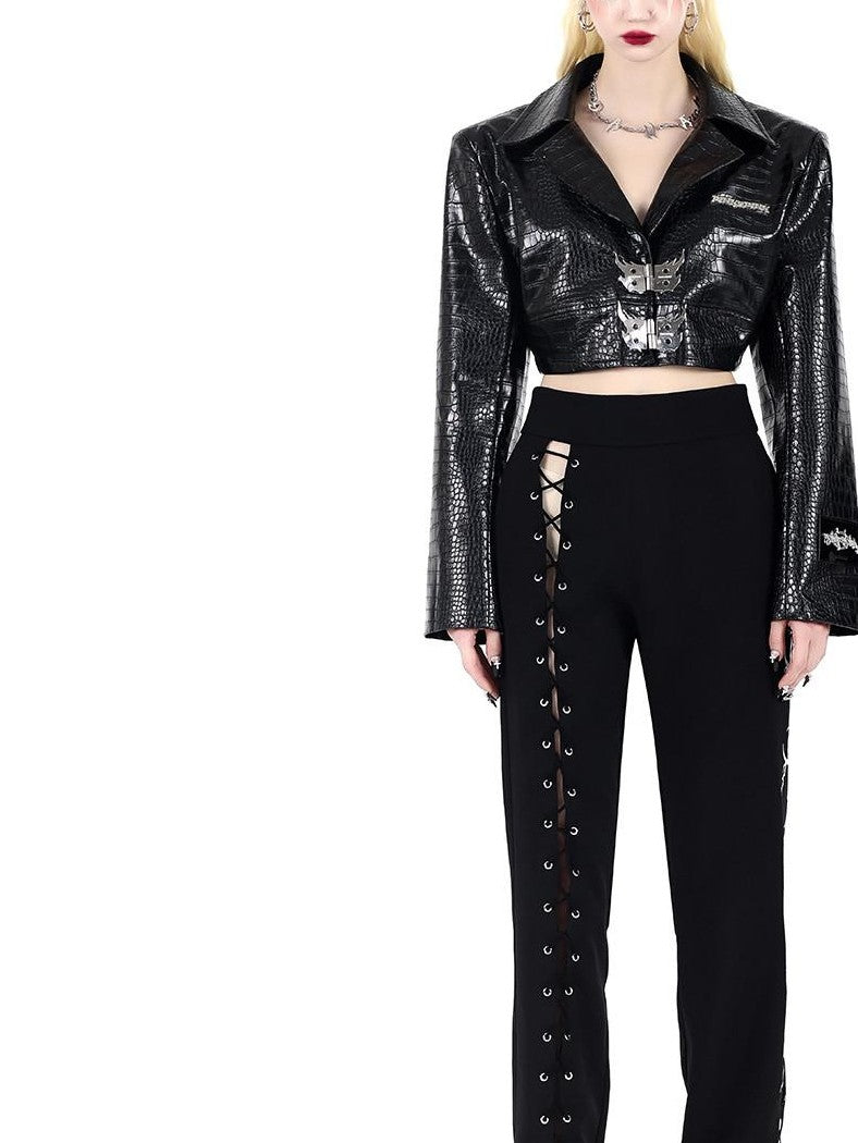 PINKSPINK Black Sexy Lace Up Avant Garde Natural Waist Casual Women's Straight-leg Pants