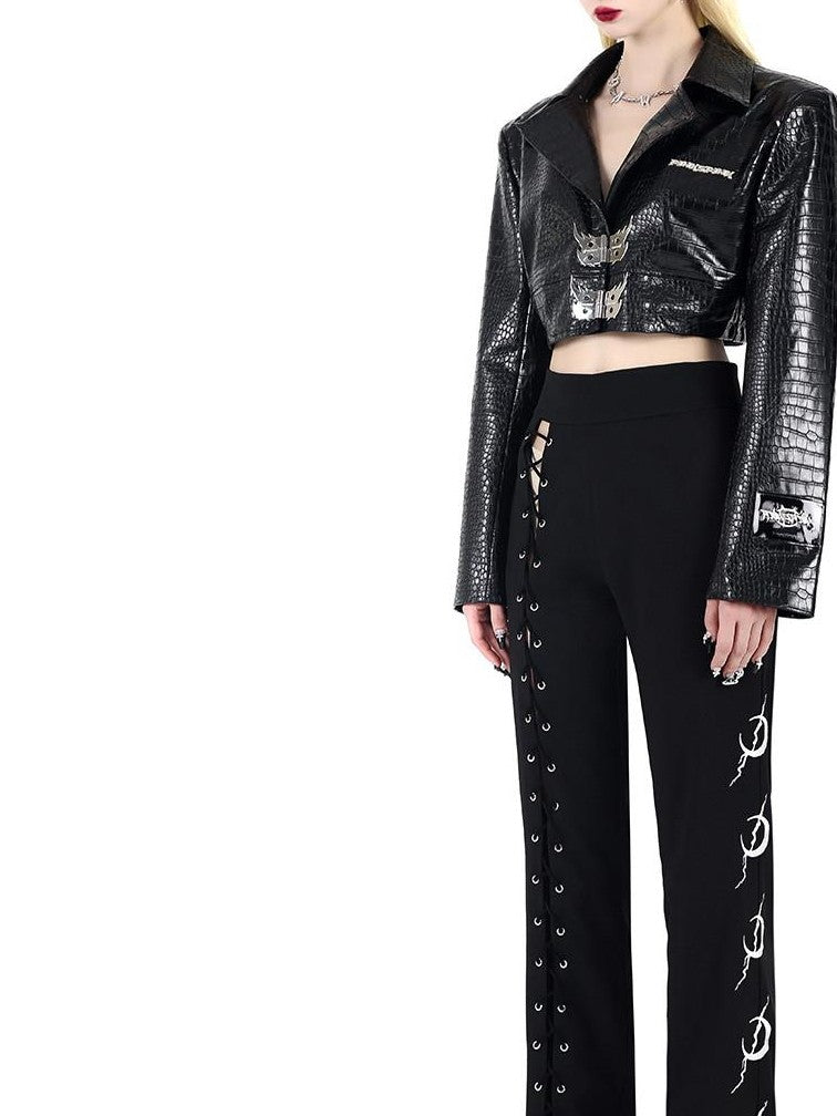 PINKSPINK Black Sexy Lace Up Avant Garde Natural Waist Casual Women's Straight-leg Pants