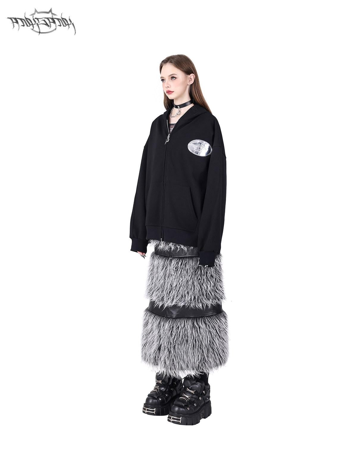 PINKSPINK Black Silver Fur Reversible Panelled Double Zip Women's Faux A-line Skirts