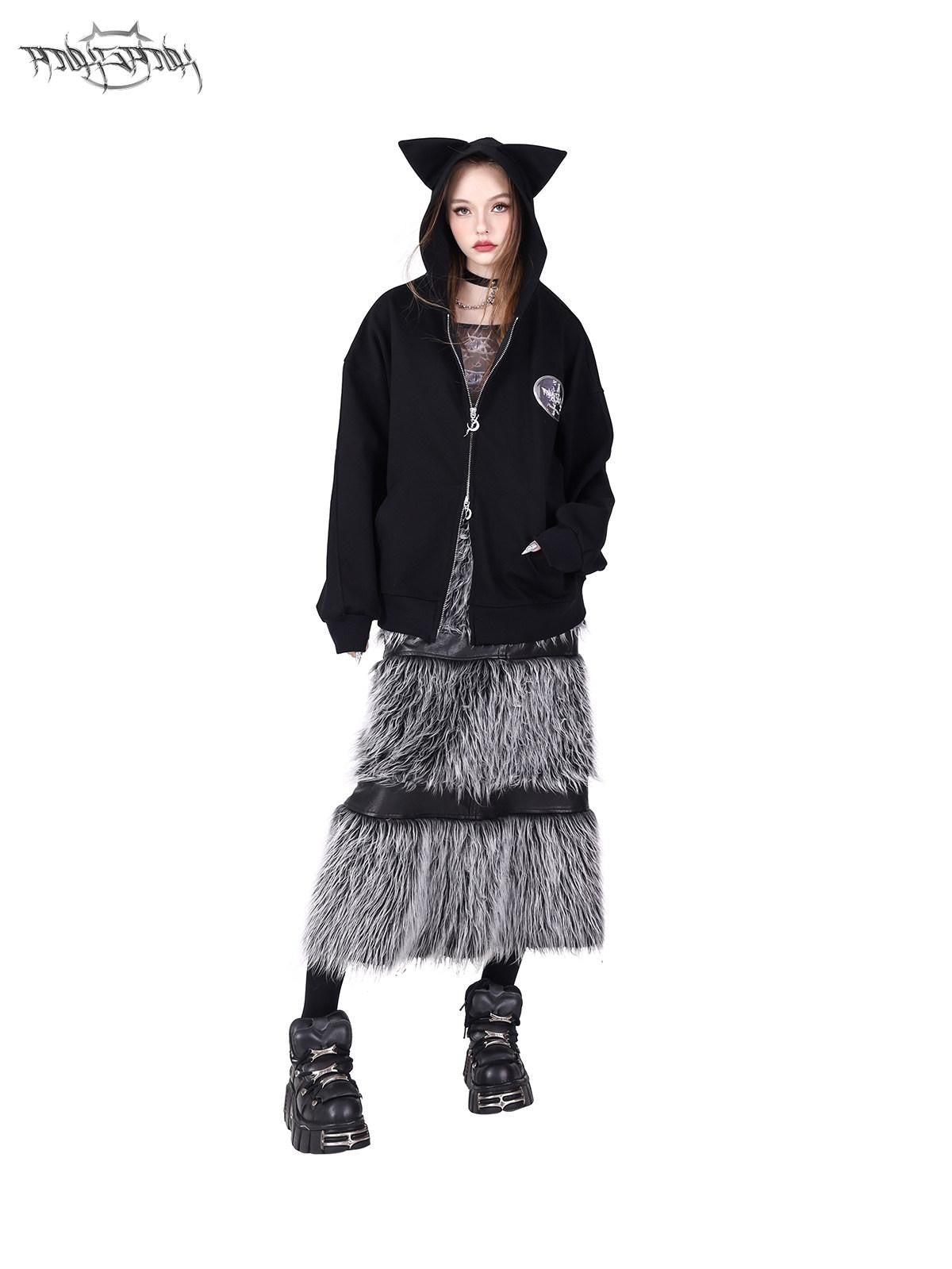PINKSPINK Black Silver Fur Reversible Panelled Double Zip Women's Faux A-line Skirts