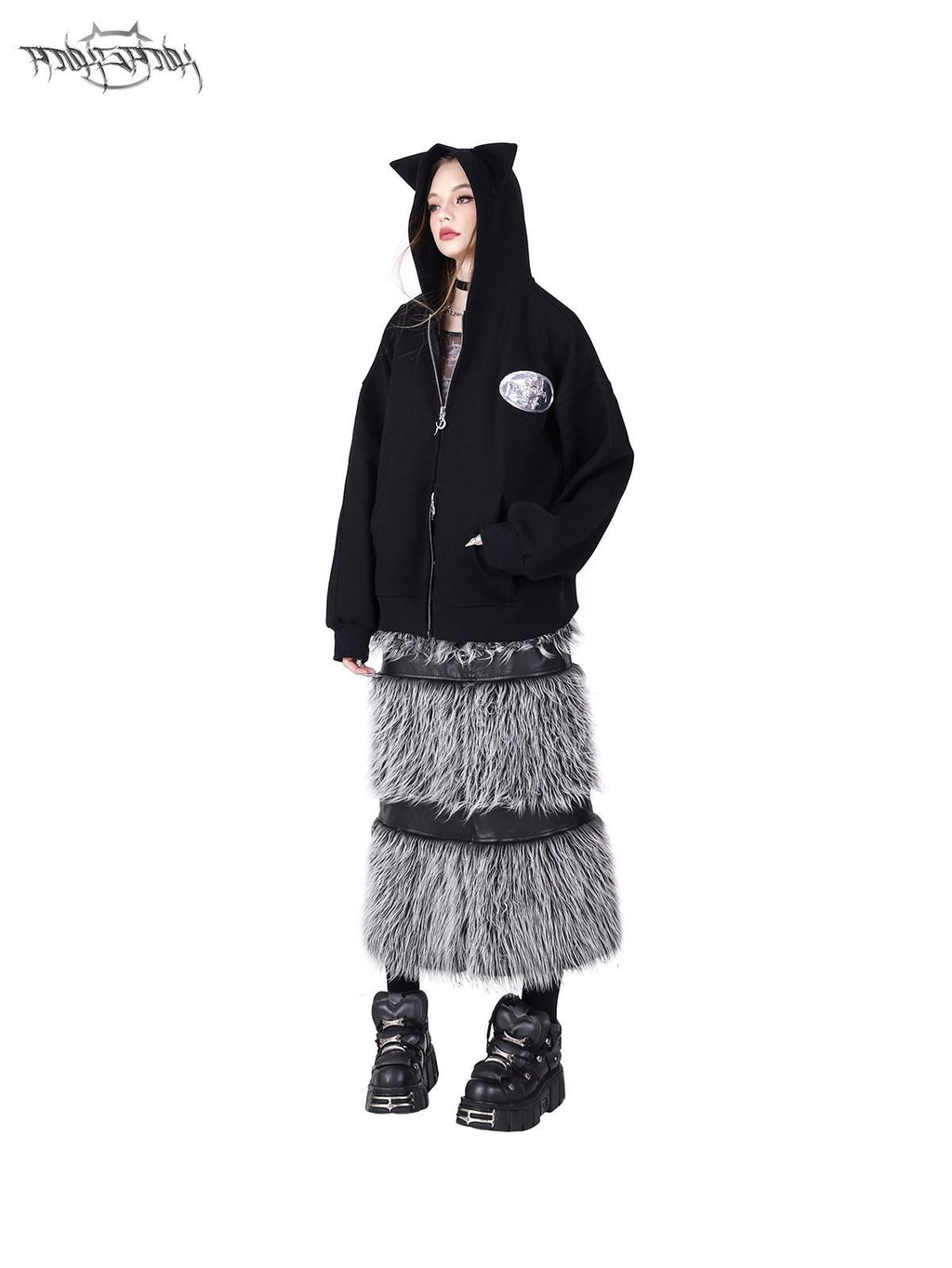 PINKSPINK Black Silver Fur Reversible Panelled Double Zip Women's Faux A-line Skirts
