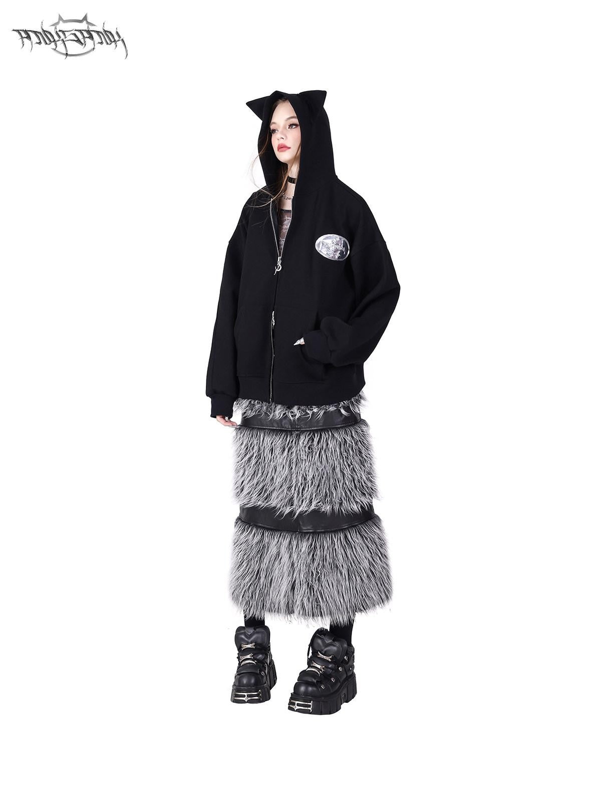 PINKSPINK Black Silver Fur Reversible Panelled Double Zip Women's Faux A-line Skirts