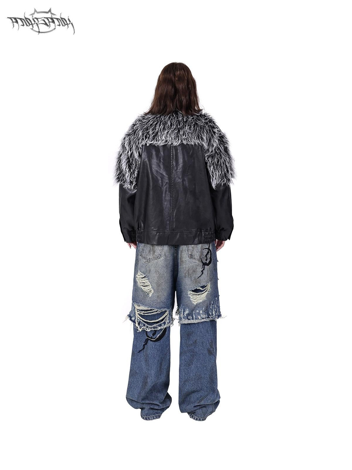 PINKSPINK Black Silver Patchwork Faux Fur Double Zipper Women's Washed Leather Jackets