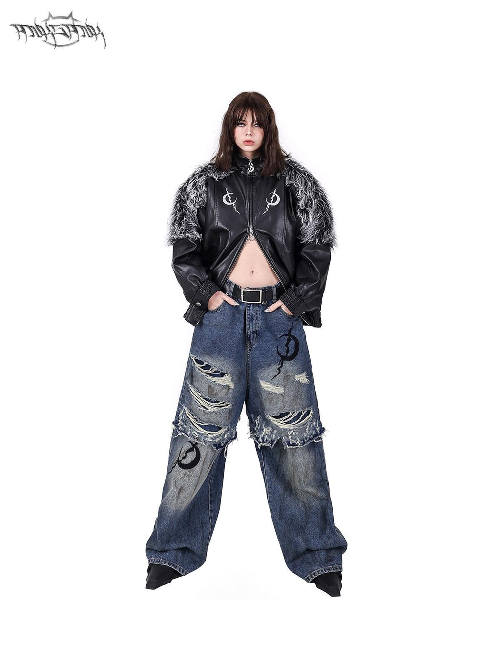 PINKSPINK Black Silver Patchwork Faux Fur Double Zipper Women's Washed Leather Jackets