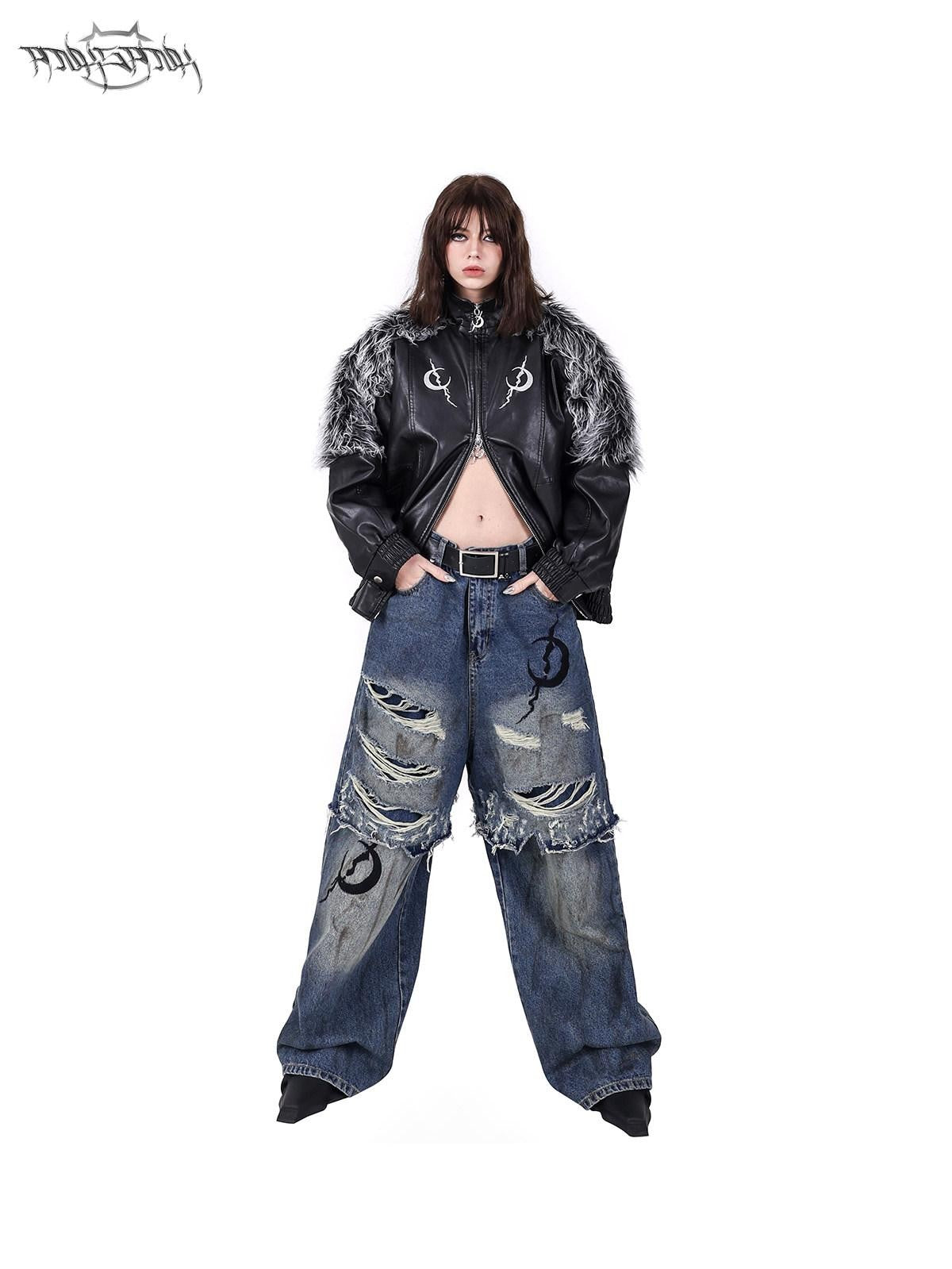 PINKSPINK Black Silver Patchwork Faux Fur Double Zipper Women's Washed Leather Jackets