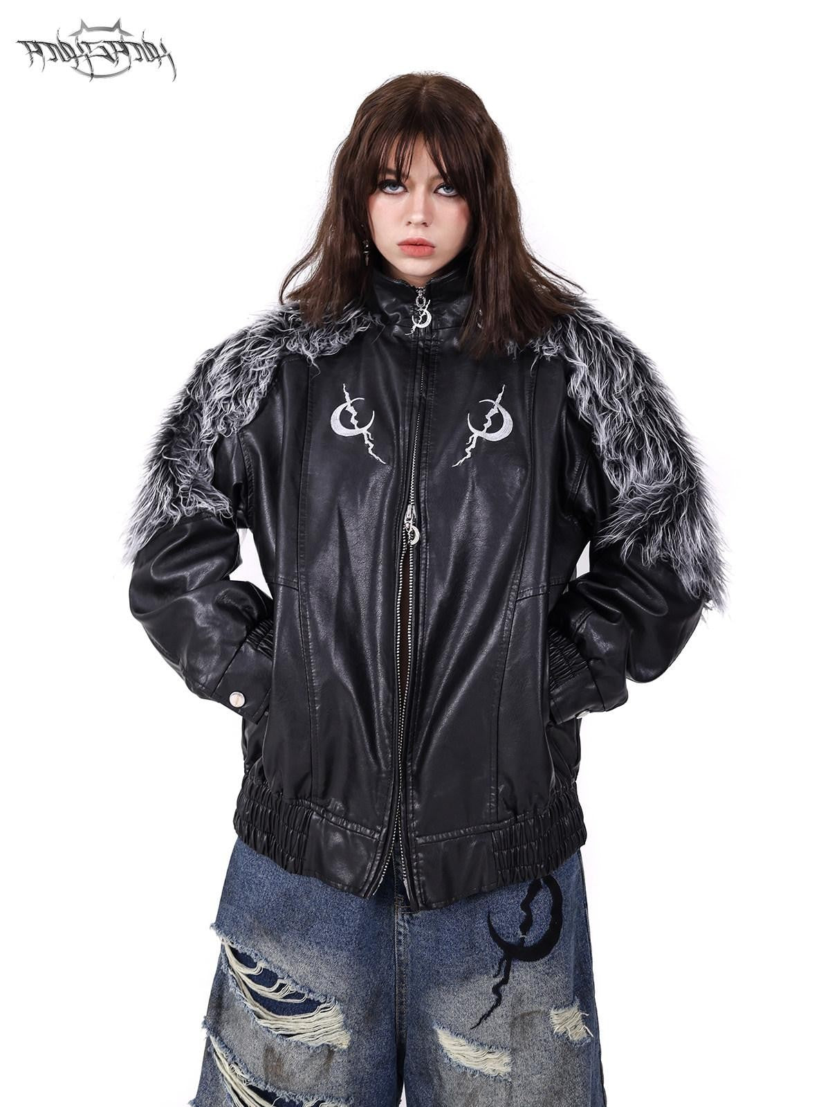 PINKSPINK Black Silver Patchwork Faux Fur Double Zipper Women's Washed Leather Jackets