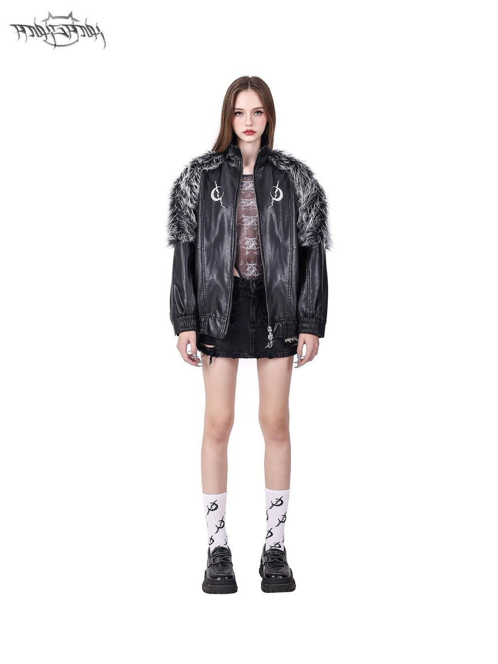 PINKSPINK Black Silver Patchwork Faux Fur Double Zipper Women's Washed Leather Jackets