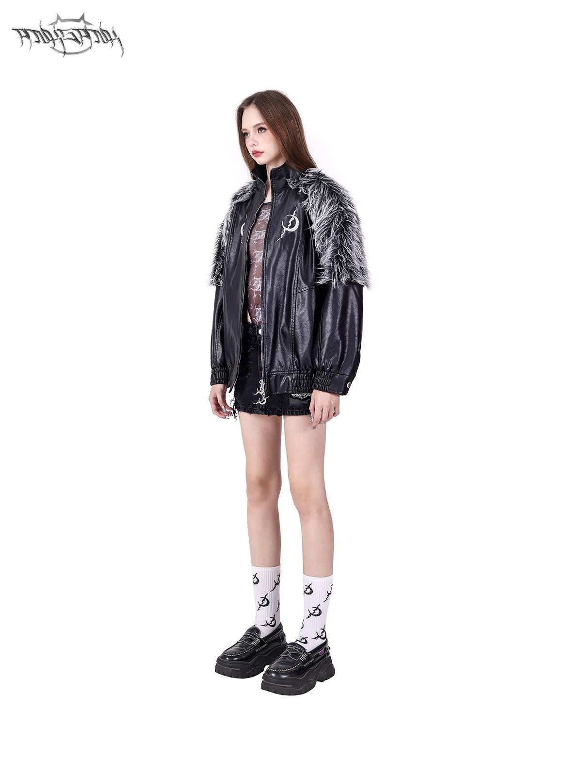 PINKSPINK Black Silver Patchwork Faux Fur Double Zipper Women's Washed Leather Jackets