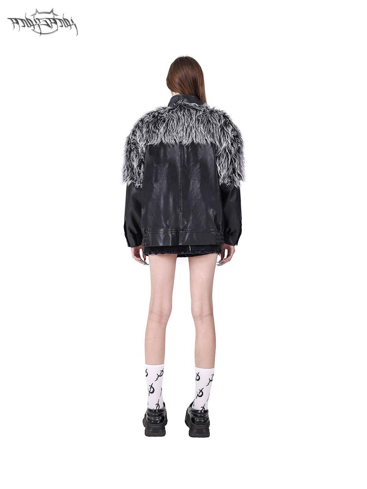 PINKSPINK Black Silver Patchwork Faux Fur Double Zipper Women's Washed Leather Jackets