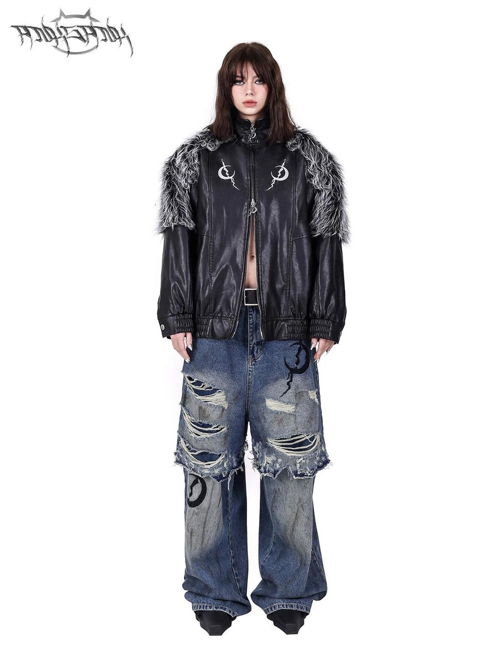 PINKSPINK Black Silver Patchwork Faux Fur Double Zipper Women's Washed Leather Jackets