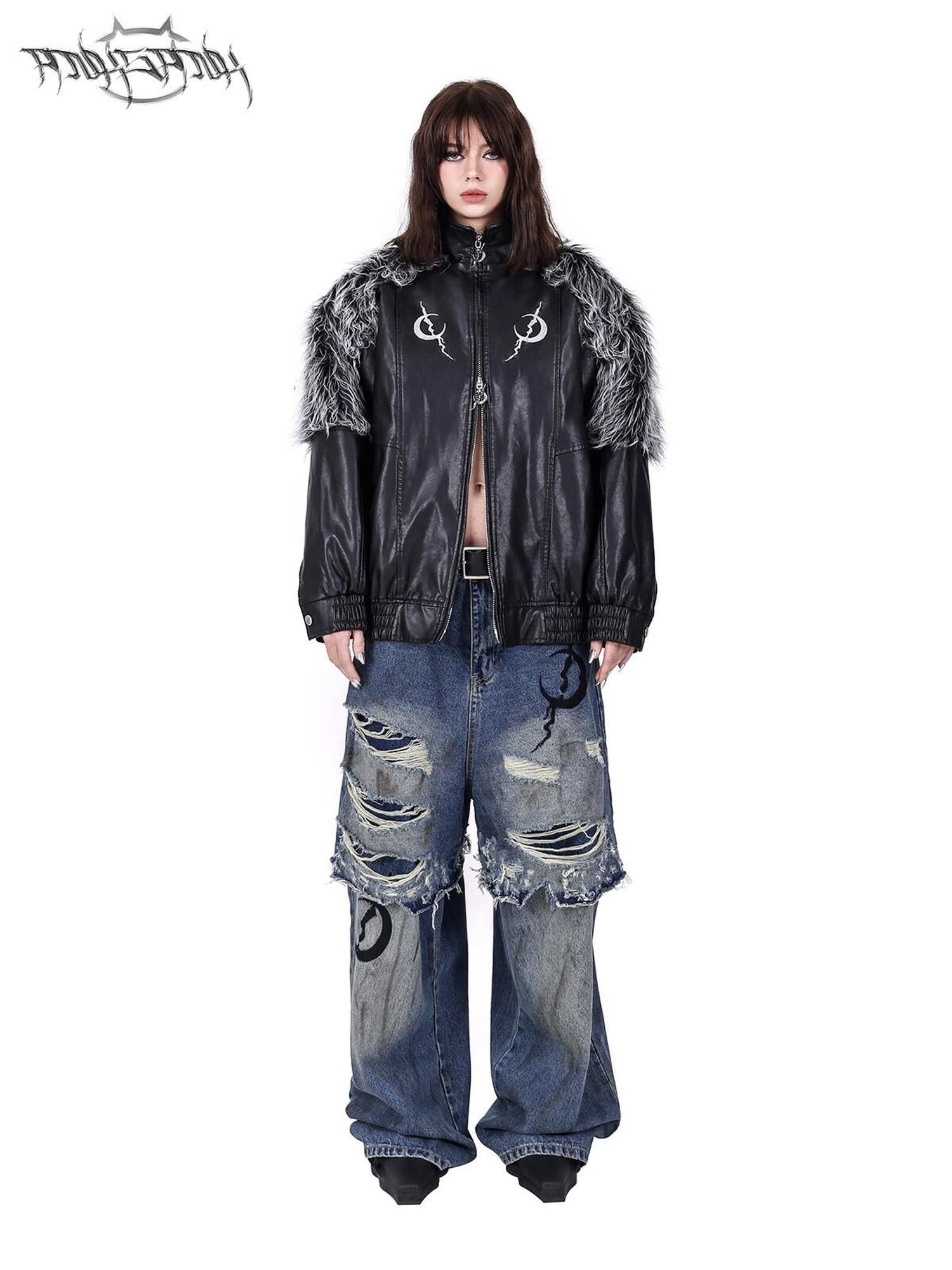 PINKSPINK Black Silver Patchwork Faux Fur Double Zipper Women's Washed Leather Jackets