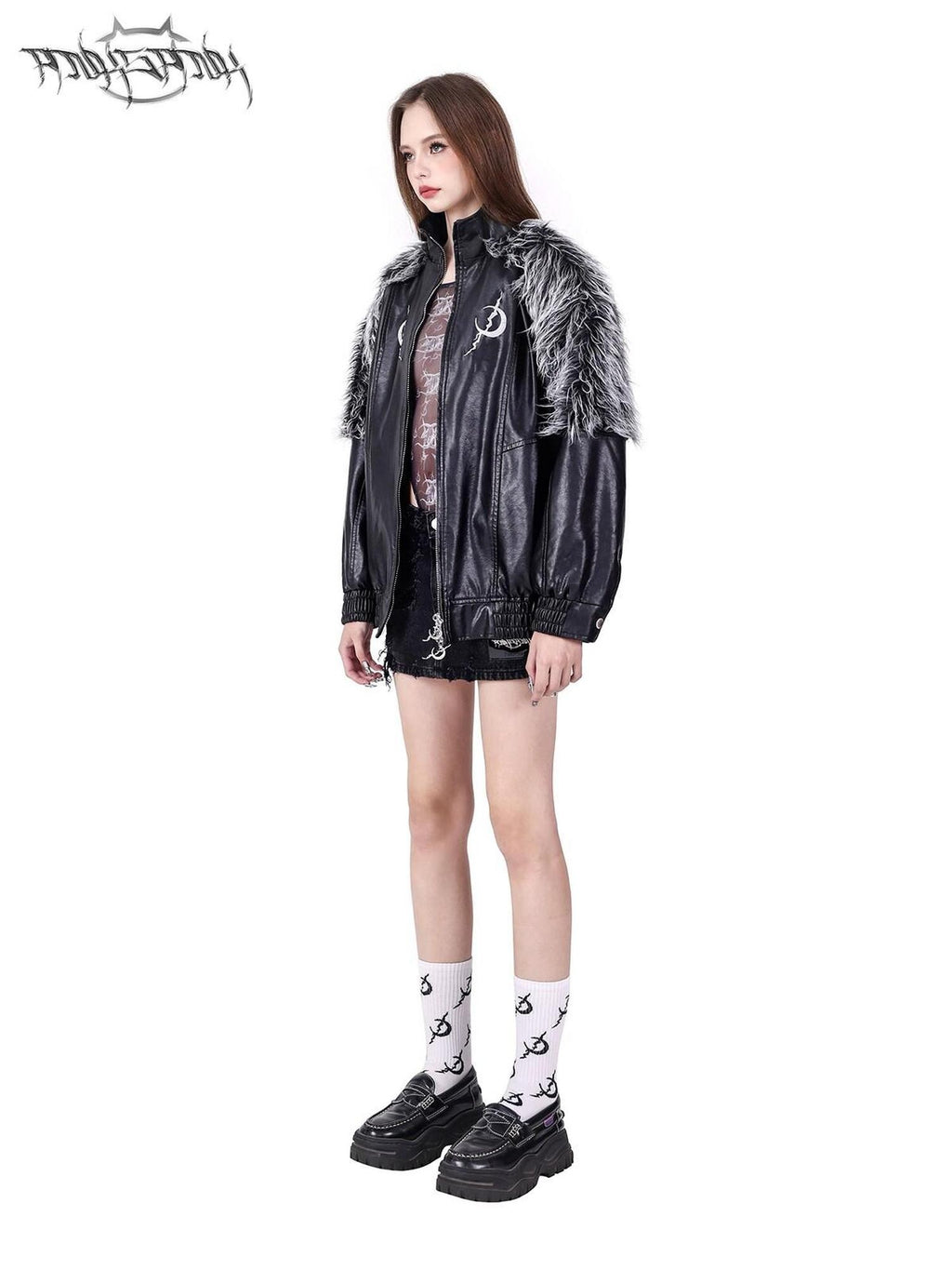 PINKSPINK Black Silver Patchwork Faux Fur Double Zipper Women's Washed Leather Jackets