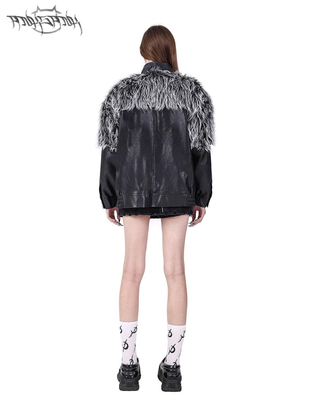PINKSPINK Black Silver Patchwork Faux Fur Double Zipper Women's Washed Leather Jackets