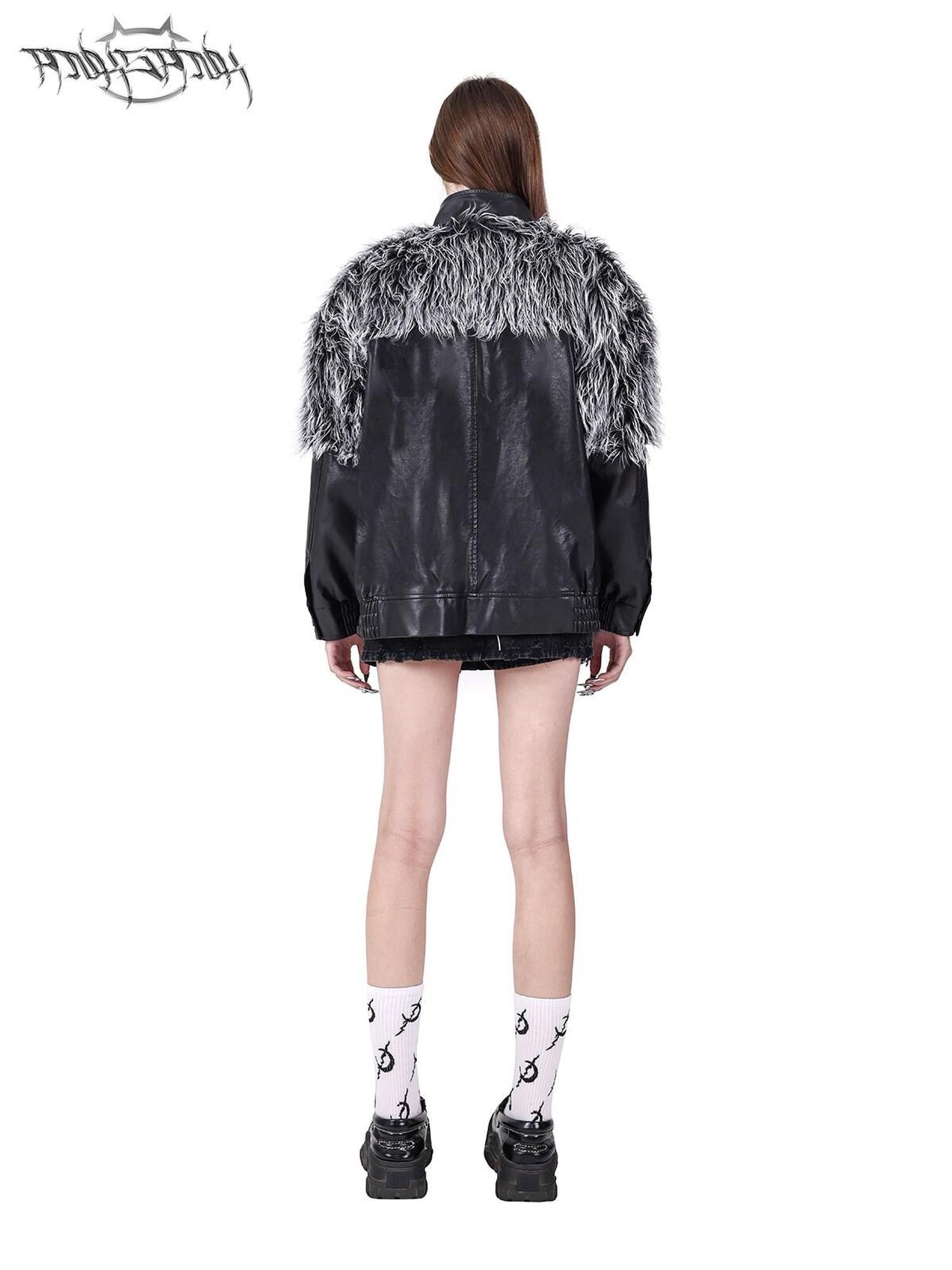 PINKSPINK Black Silver Patchwork Faux Fur Double Zipper Women's Washed Leather Jackets