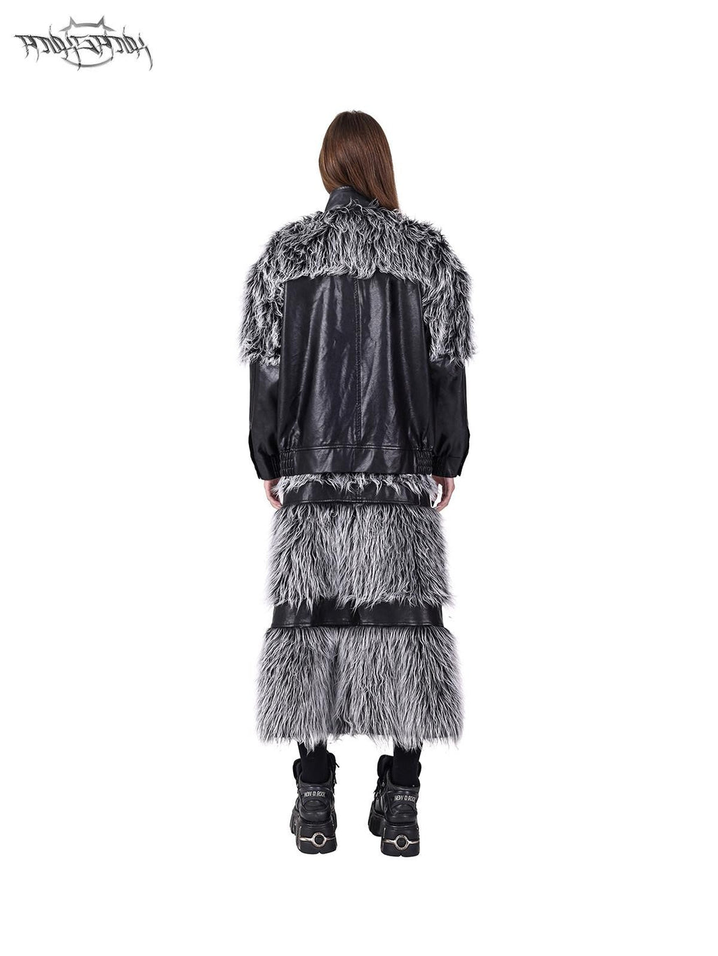 PINKSPINK Black Silver Patchwork Faux Fur Double Zipper Women's Washed Leather Jackets