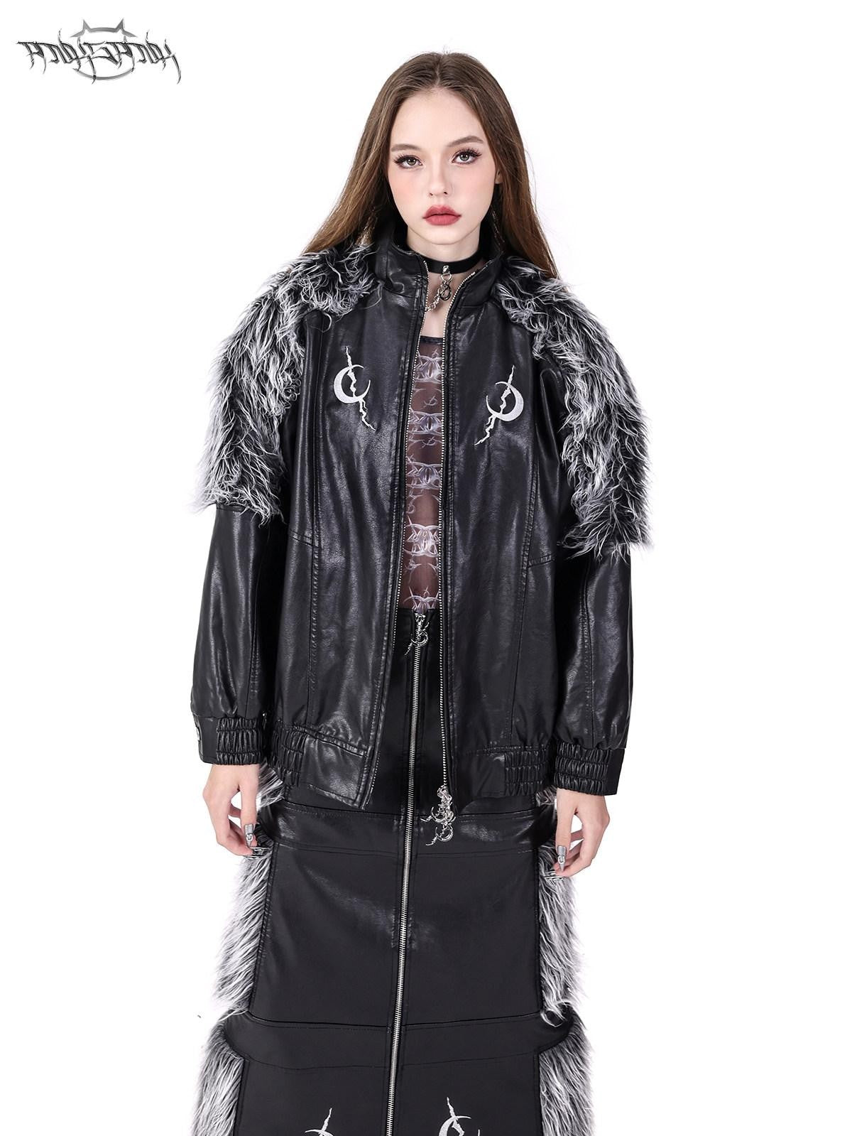 PINKSPINK Black Silver Patchwork Faux Fur Double Zipper Women's Washed Leather Jackets