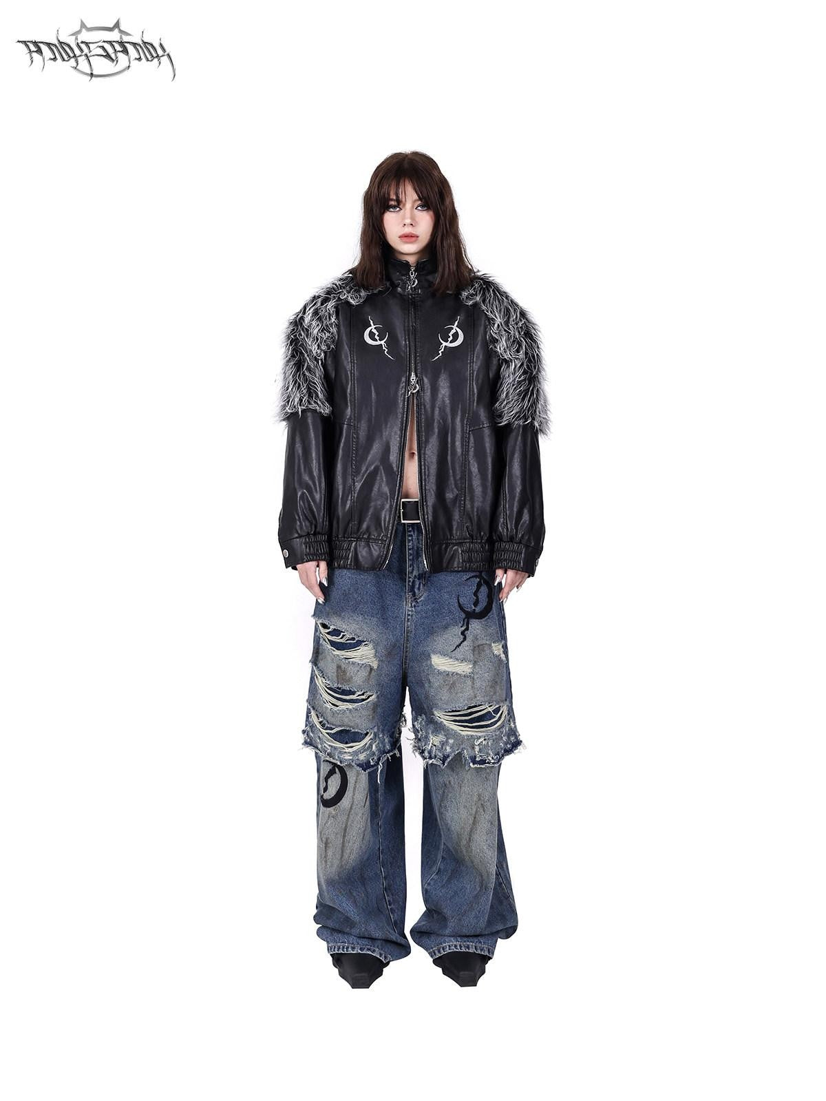 PINKSPINK Black Silver Patchwork Faux Fur Double Zipper Women's Washed Leather Jackets