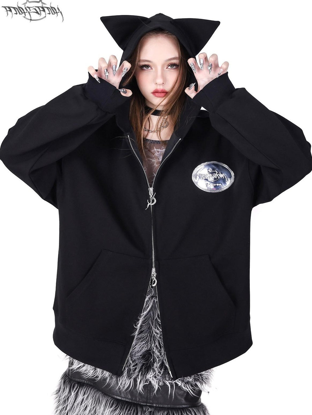 PINKSPINK Black Sphinx Cat Ear Double Zipper Letter Print Women's Zip-up Hoodies