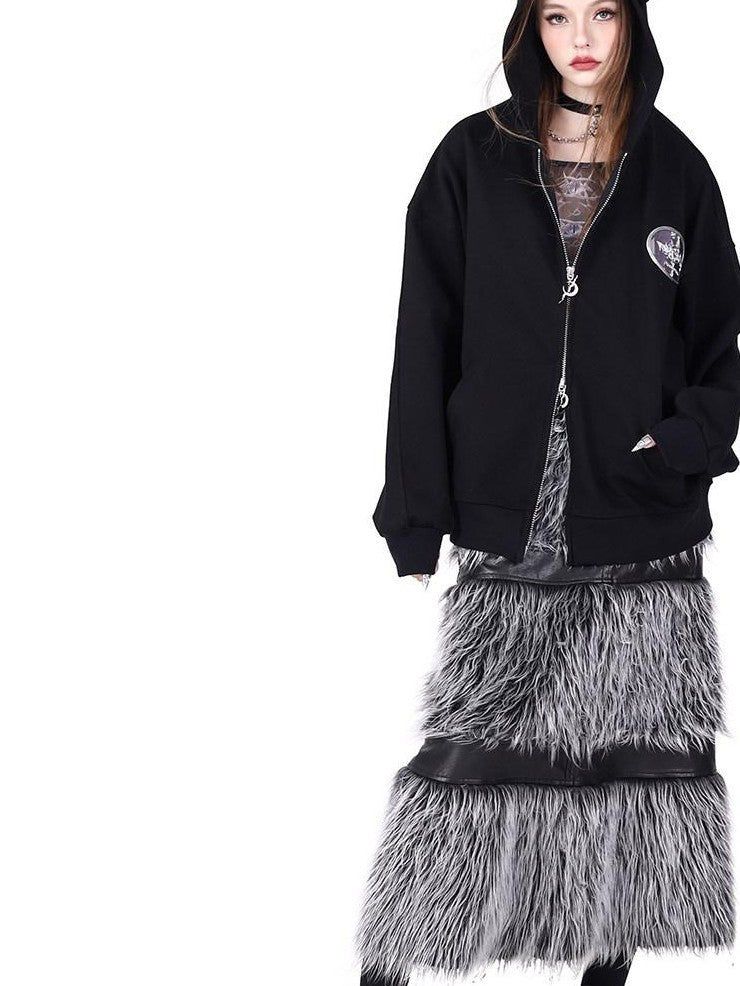 PINKSPINK Black Sphinx Cat Ear Double Zipper Letter Print Women's Zip-up Hoodies