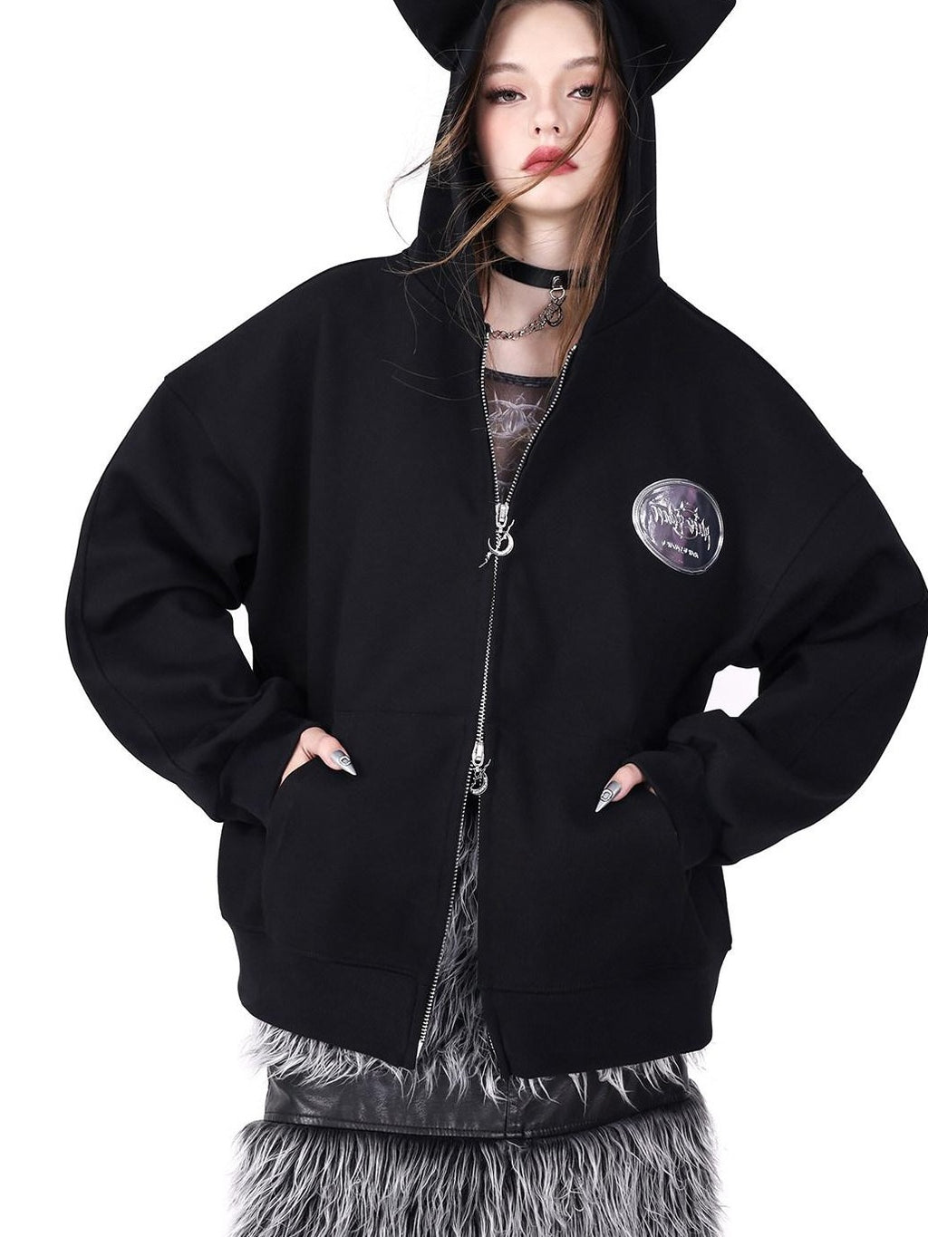 PINKSPINK Black Sphinx Cat Ear Double Zipper Letter Print Women's Zip-up Hoodies