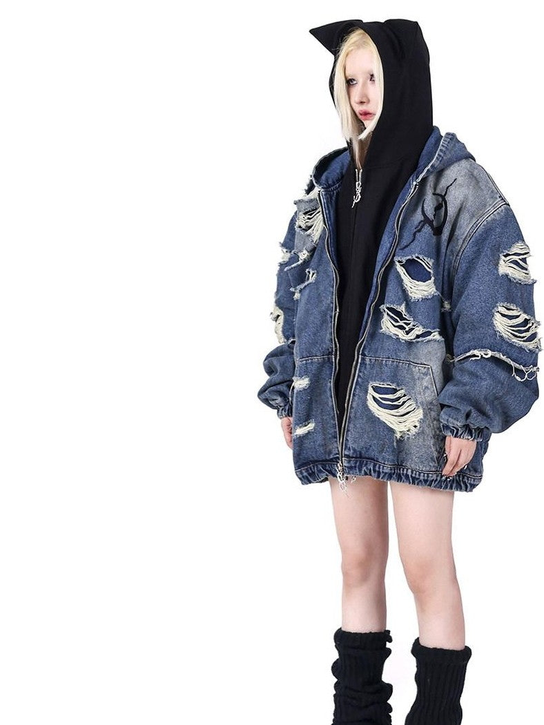 PINKSPINK Black Sphinx Cat Ear Double Zipper Letter Print Women's Zip-up Hoodies