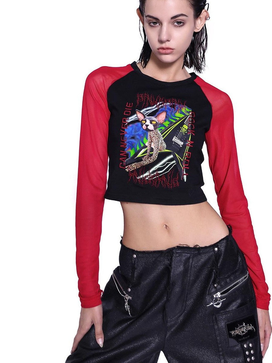 PINKSPINK Black Sphinx Cat Print Patchwork Slim Fit Women's Mesh Long Sleeve T-shirts