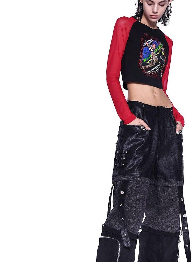 PINKSPINK Black Sphinx Cat Print Patchwork Slim Fit Women's Mesh Long Sleeve T-shirts