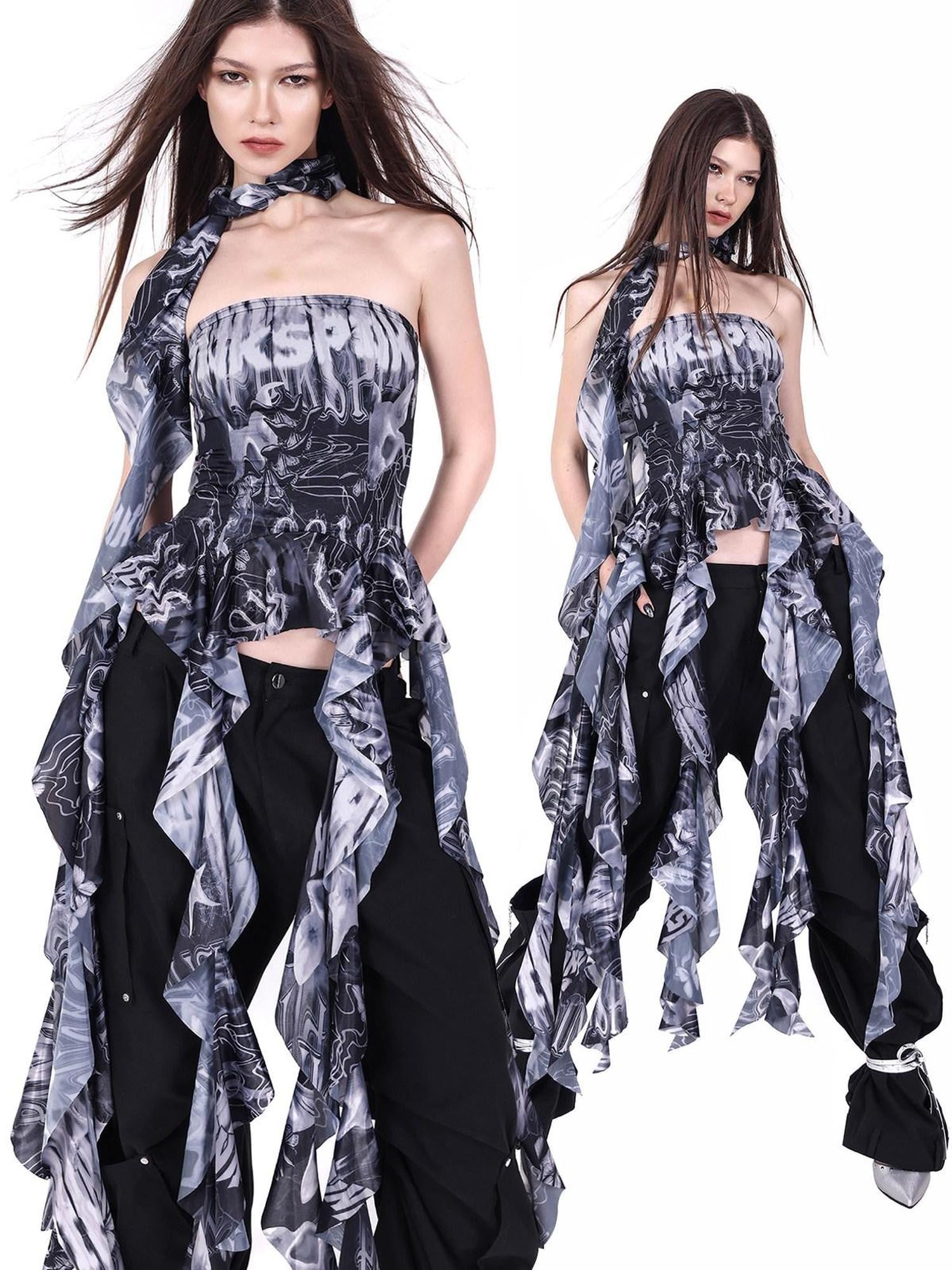 PINKSPINK Black Sphynx Cat White Flame Print Women's Polyester Tube Tops