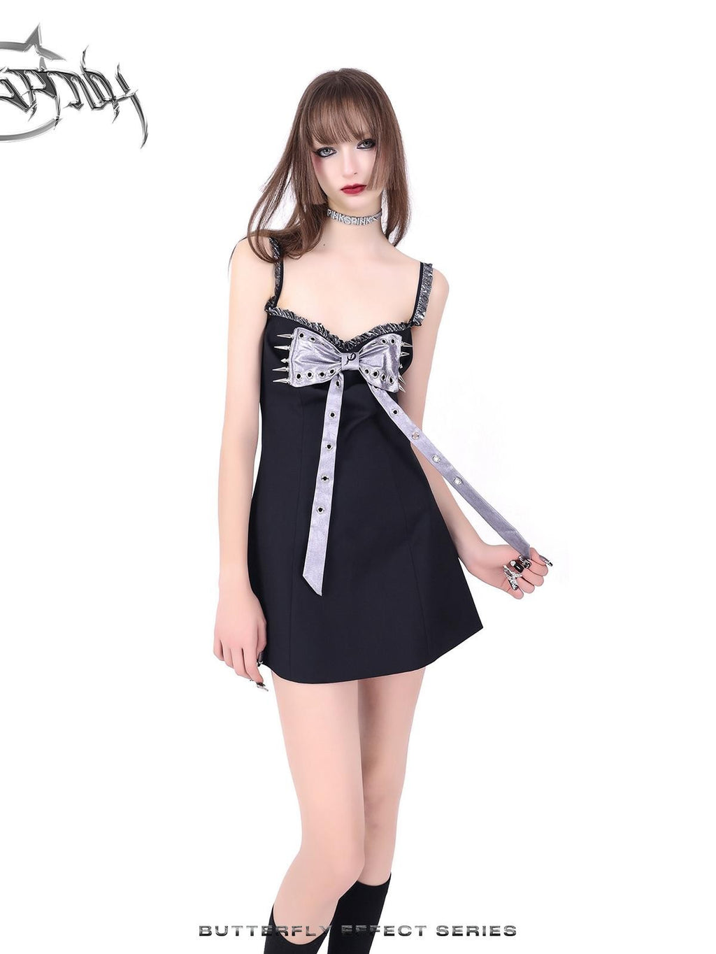 PINKSPINK Black Studded Bow A Line Hot Girl Edgy Women's Slip Mini Dresses