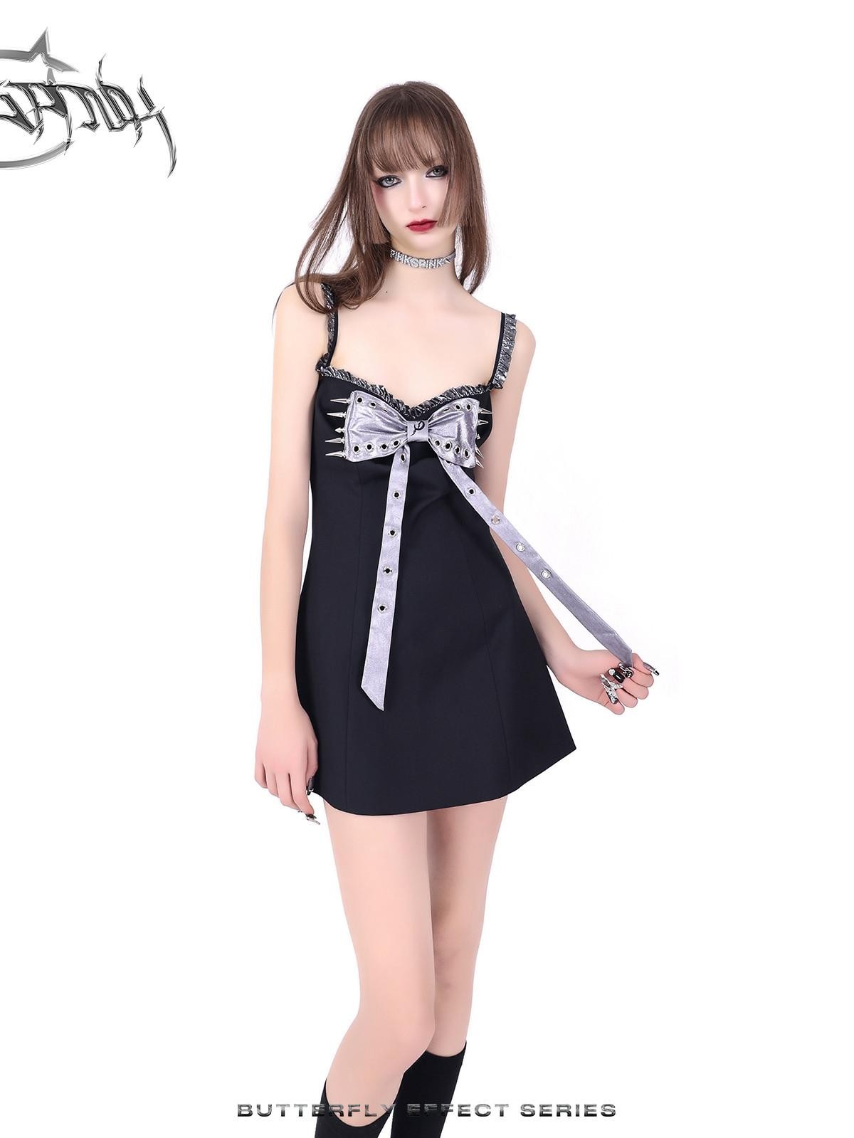 PINKSPINK Black Studded Bow A Line Hot Girl Edgy Women's Slip Mini Dresses