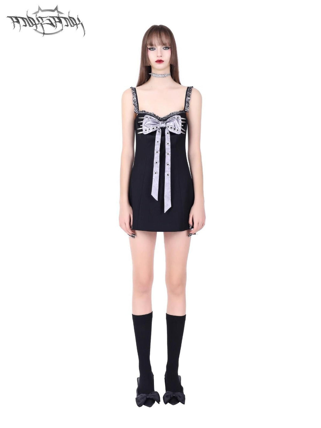 PINKSPINK Black Studded Bow A Line Hot Girl Edgy Women's Slip Mini Dresses