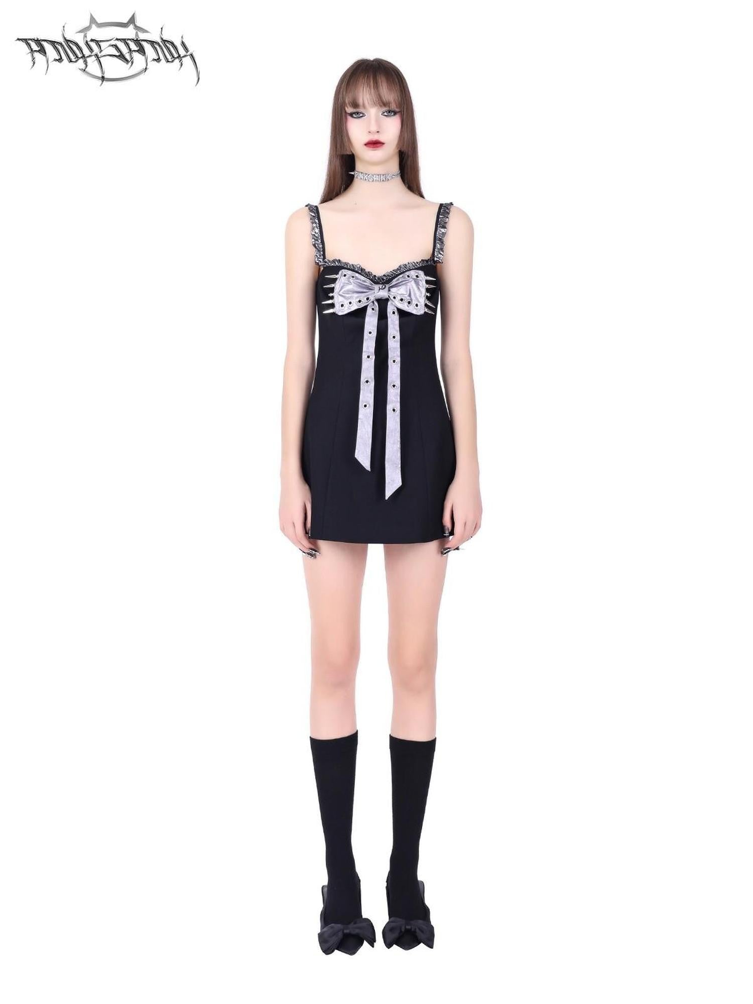PINKSPINK Black Studded Bow A Line Hot Girl Edgy Women's Slip Mini Dresses