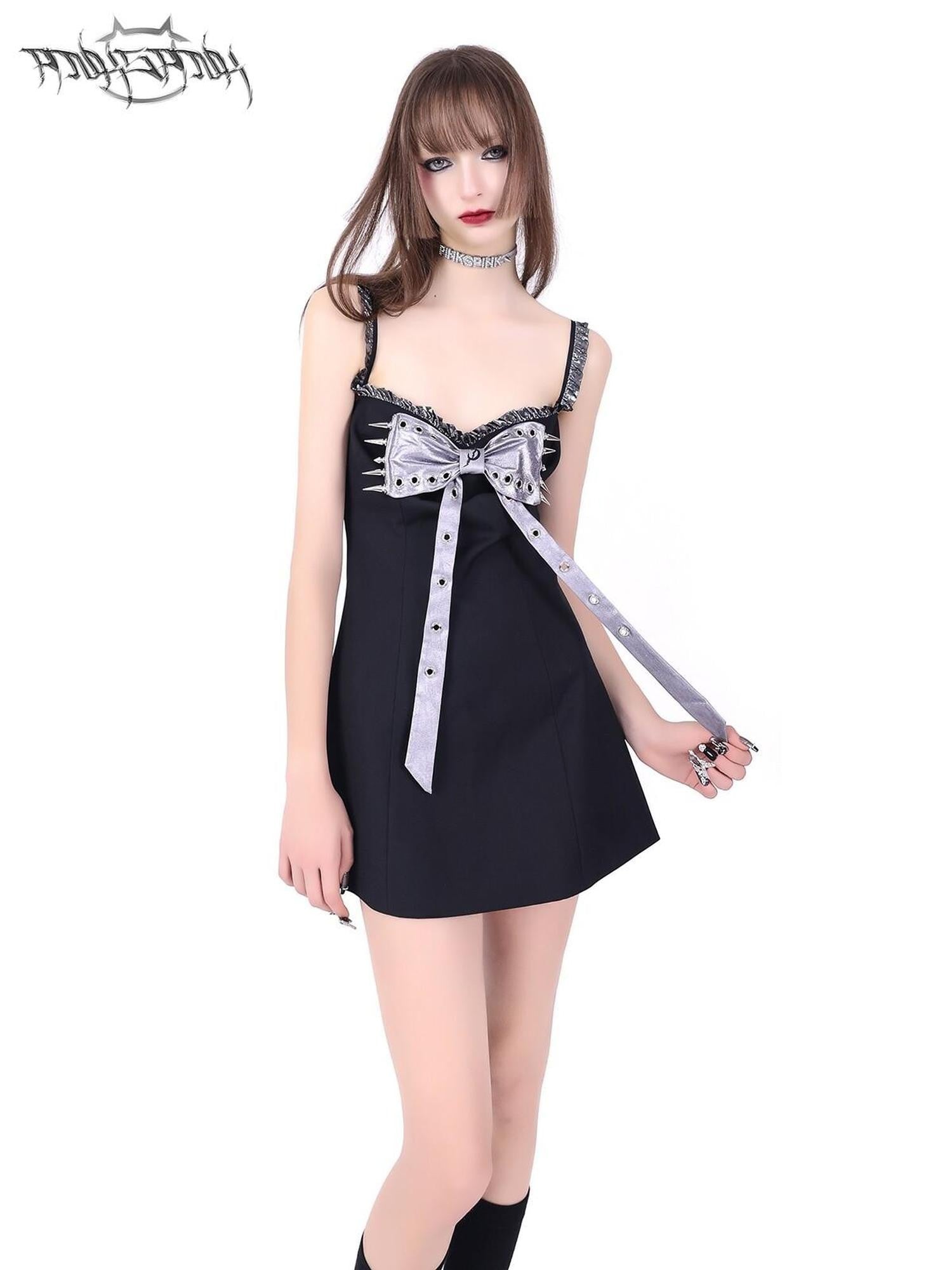 PINKSPINK Black Studded Bow A Line Hot Girl Edgy Women's Slip Mini Dresses