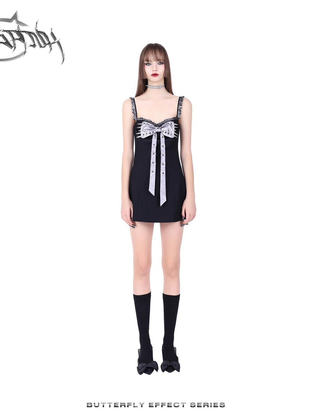 PINKSPINK Black Studded Bow A Line Hot Girl Edgy Women's Slip Mini Dresses