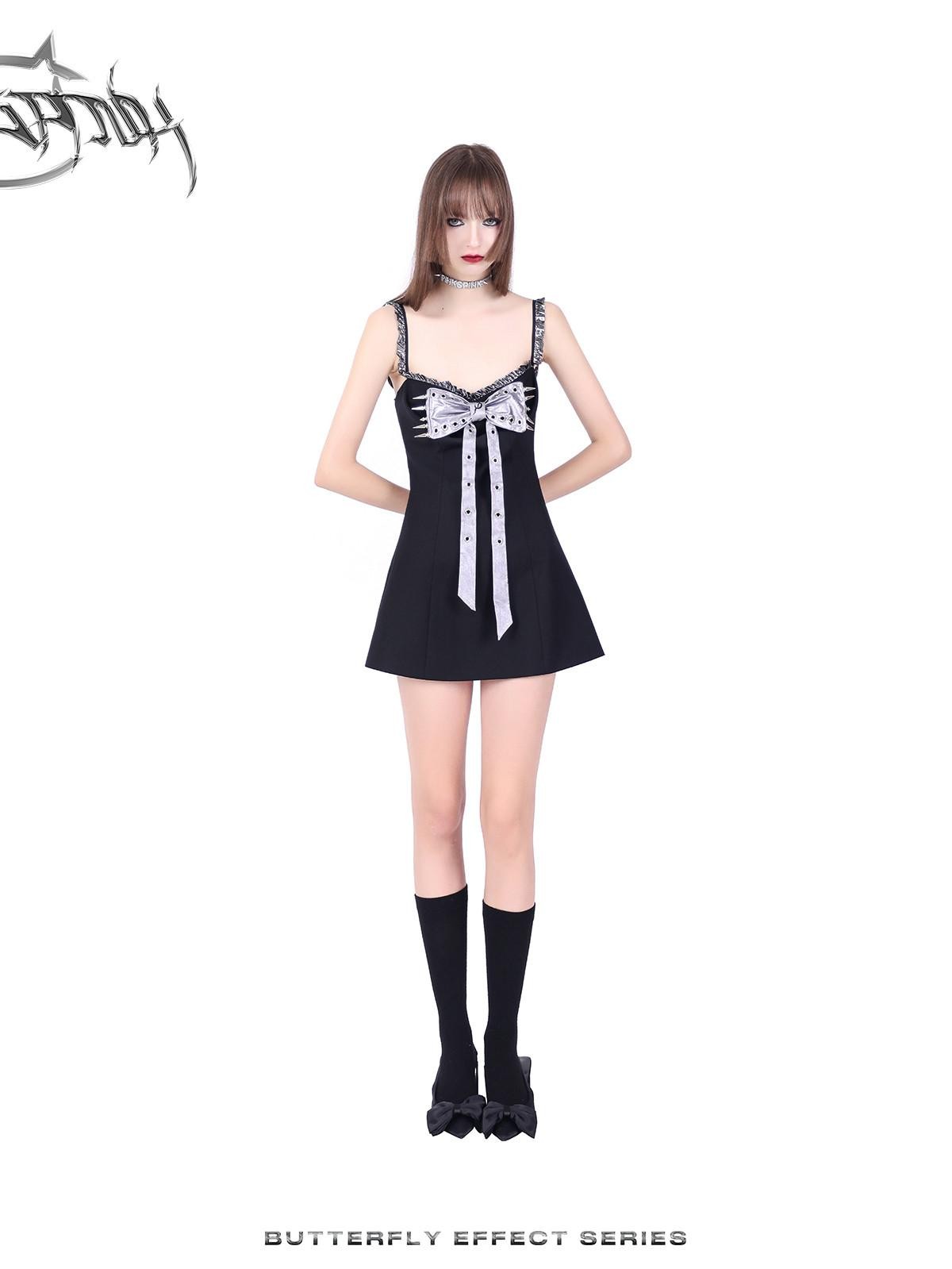 PINKSPINK Black Studded Bow A Line Hot Girl Edgy Women's Slip Mini Dresses