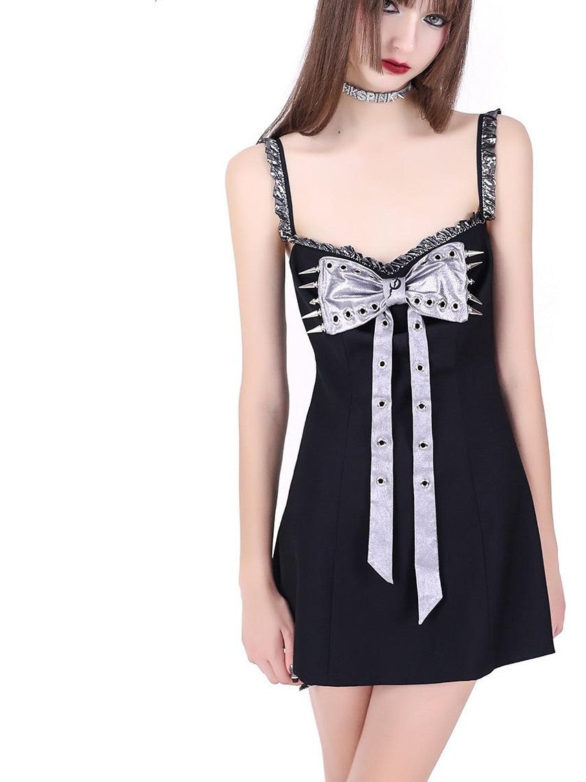 PINKSPINK Black Studded Bow Spaghetti Strap A Line Women's Slip Mini Dresses