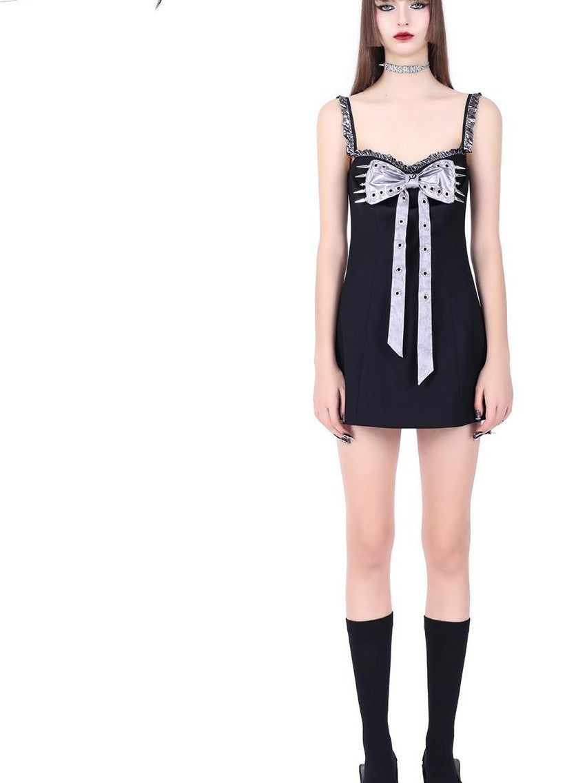 PINKSPINK Black Studded Bow Spaghetti Strap A Line Women's Slip Mini Dresses