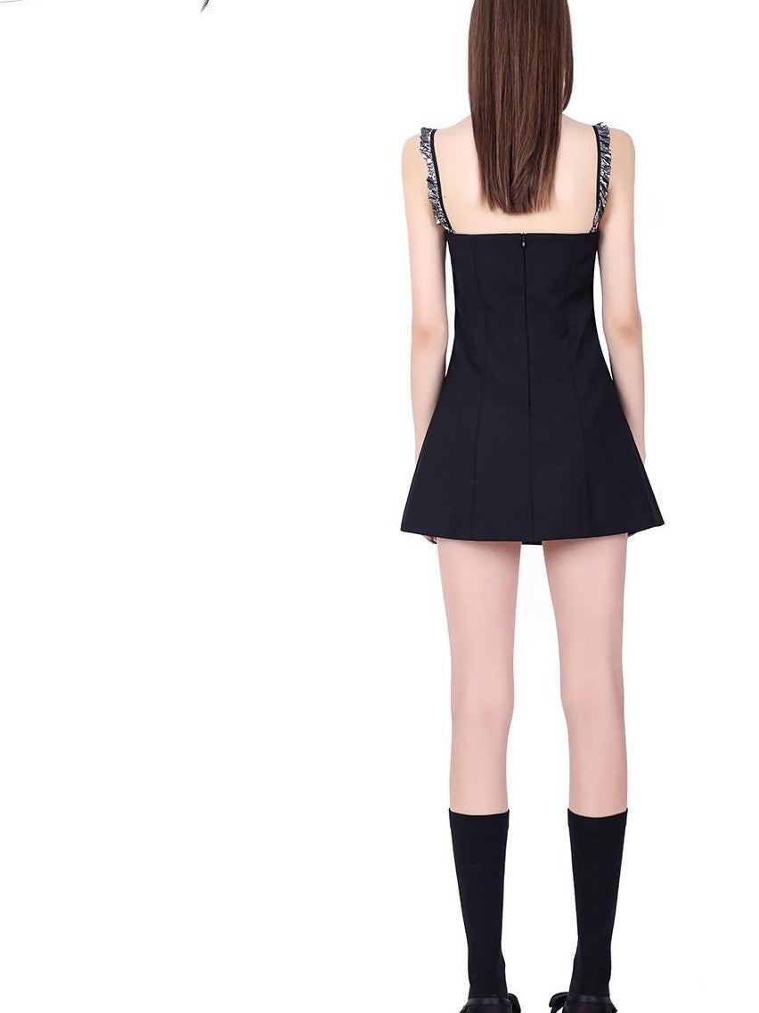 PINKSPINK Black Studded Bow Spaghetti Strap A Line Women's Slip Mini Dresses