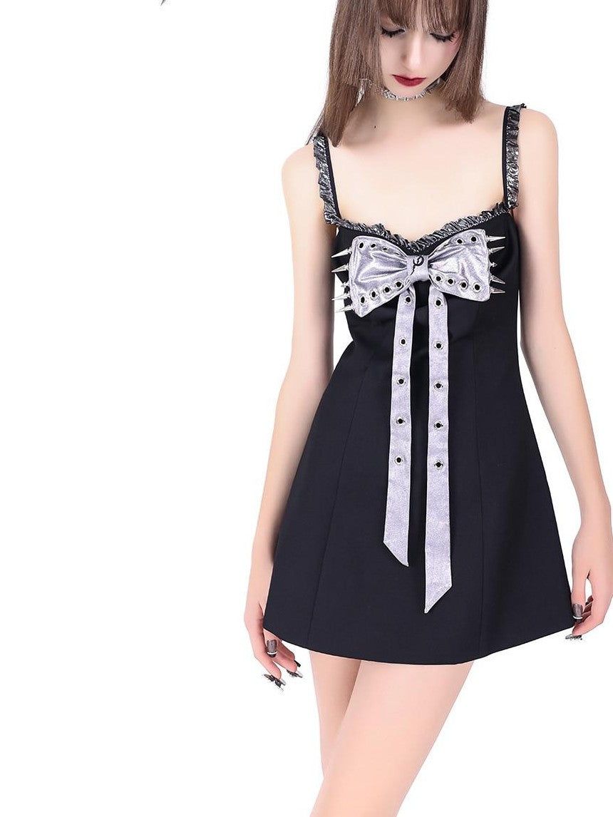 PINKSPINK Black Studded Bow Spaghetti Strap A Line Women's Slip Mini Dresses