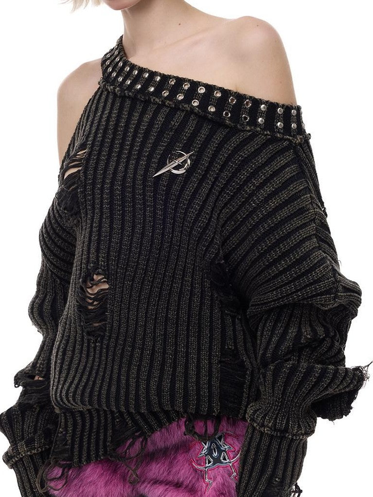PINKSPINK Black Studded Distressed Women's Acrylic Blend Off-shoulder Sweaters