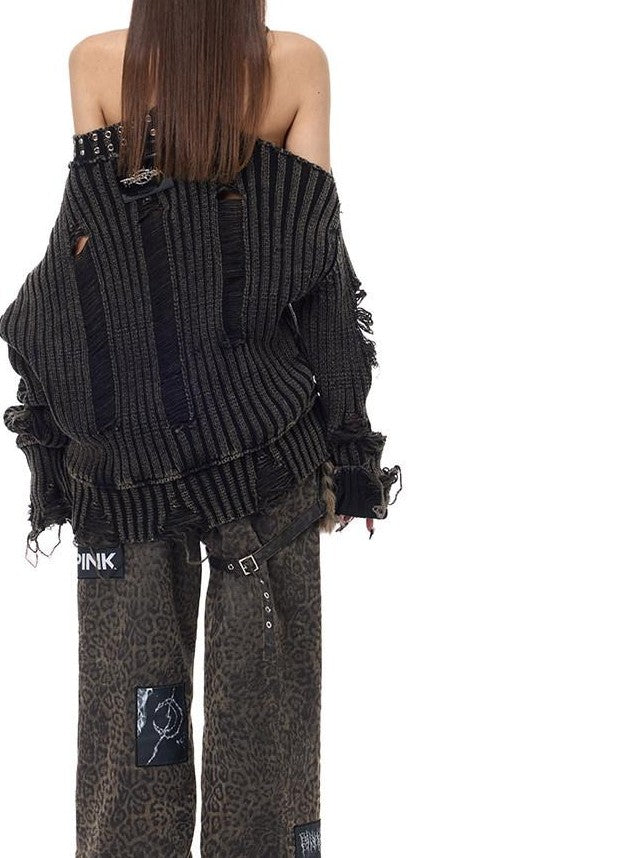 PINKSPINK Black Studded Distressed Women's Acrylic Blend Off-shoulder Sweaters