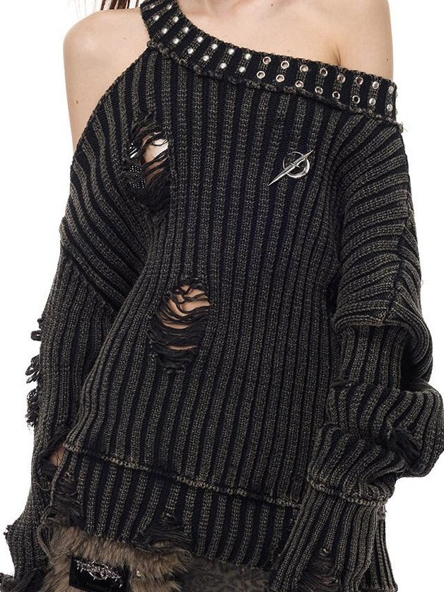 PINKSPINK Black Studded Distressed Women's Acrylic Blend Off-shoulder Sweaters
