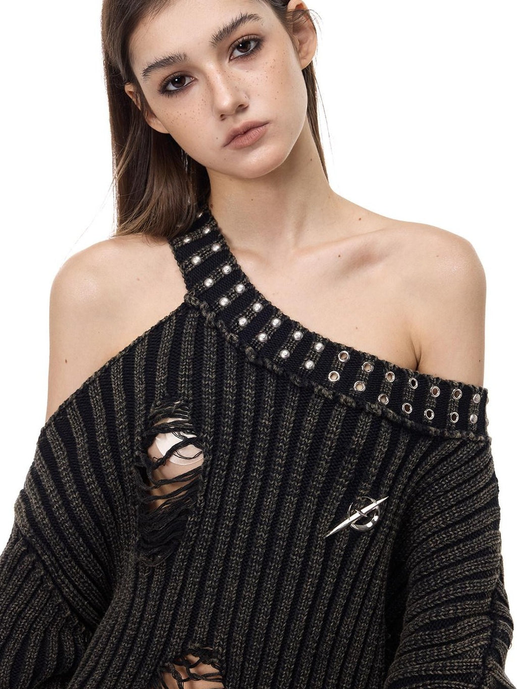 PINKSPINK Black Studded Distressed Women's Acrylic Blend Off-shoulder Sweaters
